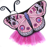 Exquisite butterfly cape costume set spread out against a clean white background with buckeye-inspired patterned cape, pink sparkle tutu, and black antennae headband. A wearable work of art!