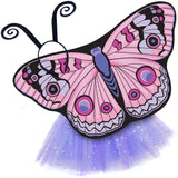 Exquisite butterfly cape costume set spread out against a clean white background with buckeye-inspired patterned cape, light purple sparkle tutu, and black antennae headband. A wearable work of art!