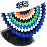 Bright blue bird costume with a cape made from blue, orange, green, white, and black fabric layers, felt bird mask, and glittery black tutu, set on a white background, perfect for a whimsical costume