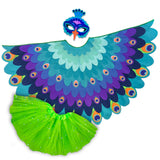 Peacock bird costume with cape made with layers of purple, turquoise, blue, and navy fabric, felt peacock mask, and glittery green tutu, set on a white background, perfect for a whimsical costume