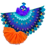 Peacock bird costume with cape made with layers of purple, turquoise, blue, and navy fabric, felt peacock mask, glittery orange tutu, and purple feather boa, set on a white background, perfect for a whimsical costume