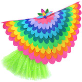 Bright rainbow bird costume with a fabric cape made with layers of pink, blue, orange, yellow, green, and purple fabric, felt bird headdress, and glittery green tutu, set on a white background, perfect for a whimsical costume