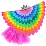 Bright rainbow bird costume with a fabric cape made with layers of pink, blue, orange, yellow, green, and purple fabric, felt bird headdress, and glittery pink tutu, set on a white background, perfect for a whimsical costume