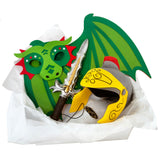 Childrens Medieval Knight and Dragon Costume Box with Dress Up Felt Helmet, Dragon Wings and Mask, Sword, and Dragon Glass Necklace in Adorable Suitcase Gift Box