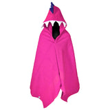 Pink Dinosaur Hooded Towel with white teeth and purple spikes. A playful bath time essential for kids on a clean white background.
