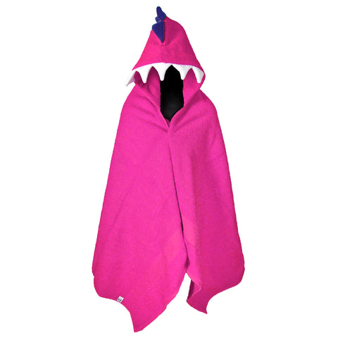 Pink Dinosaur Hooded Towel with white teeth and purple spikes. A playful bath time essential for kids on a clean white background.