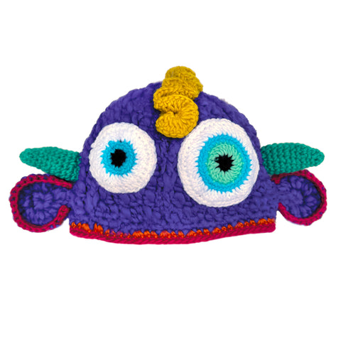 Vibrant purple knitted monster hat showcasing whimsical design elements, including crocheted eyes, ears, and horns, set against a clean white background.