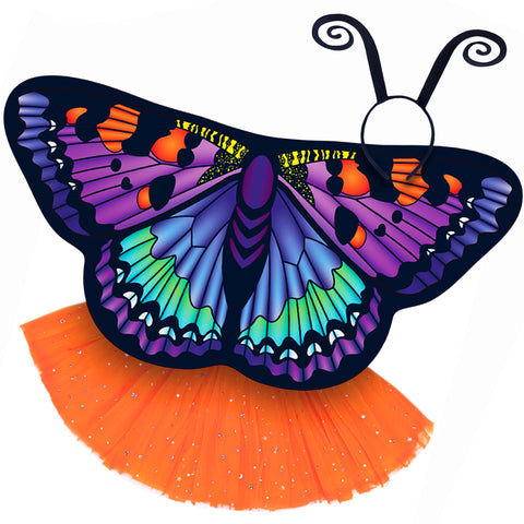 Exquisite butterfly cape costume set spread out against a clean white background with purple artemis-inspired patterned cape, orange sparkle tutu, and black antennae headband. A wearable work of art!