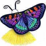 Exquisite butterfly cape costume set spread out against a clean white background with purple artemis-inspired patterned cape, yellow sparkle tutu, and black antennae headband. A wearable work of art!