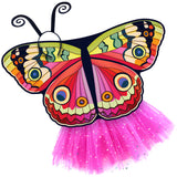 Exquisite butterfly cape costume set spread out against a clean white background with bebearia buckeye-inspired patterned cape, pink sparkle tutu, and black antennae headband. A wearable work of art!