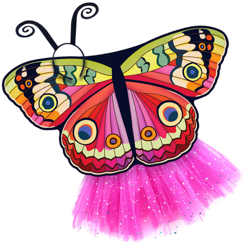 Exquisite butterfly cape costume set spread out against a clean white background with bebearia buckeye-inspired patterned cape, pink sparkle tutu, and black antennae headband. A wearable work of art!