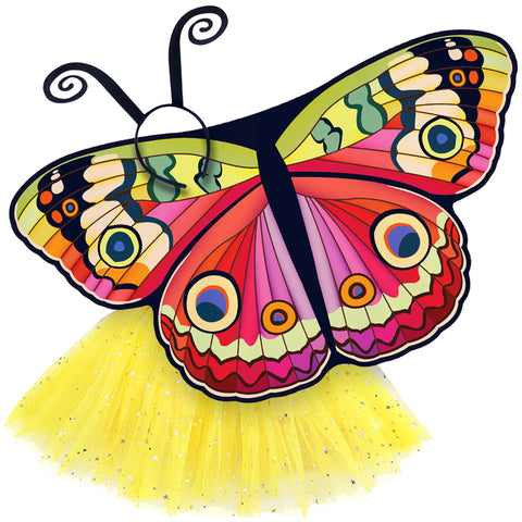 Exquisite butterfly cape costume set spread out against a clean white background with bebearia buckeye-inspired patterned cape, yellow sparkle tutu, and black antennae headband. A wearable work of art!