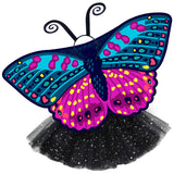 Exquisite butterfly cape costume set spread out against a clean white background with Checkerspot-inspired patterned cape, black sparkle tutu, and black antennae headband. A wearable work of art!