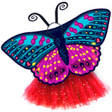 Exquisite butterfly cape costume set spread out against a clean white background with Checkerspot-inspired patterned cape, red sparkle tutu, and black antennae headband. A wearable work of art!