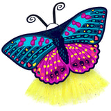 Exquisite butterfly cape costume set spread out against a clean white background with Checkerspot-inspired patterned cape, yellow sparkle tutu, and black antennae headband. A wearable work of art!