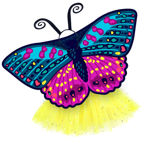Exquisite butterfly cape costume set spread out against a clean white background with Checkerspot-inspired patterned cape, yellow sparkle tutu, and black antennae headband. A wearable work of art!