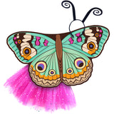 Exquisite butterfly cape costume set spread out against a clean white background with buckeye-inspired patterned cape, pink sparkle tutu, and black antennae headband. A wearable work of art!