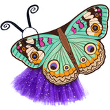 Exquisite butterfly cape costume set spread out against a clean white background with buckeye-inspired patterned cape, purple sparkle tutu, and black antennae headband. A wearable work of art!