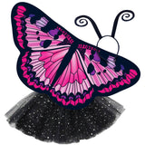 Exquisite butterfly cape costume set spread out against a clean white background with painted lady-inspired patterned cape, black sparkle tutu, and black antennae headband. A wearable work of art!