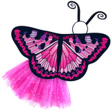 Exquisite butterfly cape costume set spread out against a clean white background with painted lady-inspired patterned cape, pink sparkle tutu, and black antennae headband. A wearable work of art!