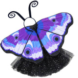 Exquisite butterfly cape costume set spread out against a clean white background with buckeye-inspired patterned cape, black sparkle tutu, and black antennae headband. A wearable work of art!
