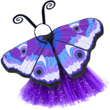 Exquisite butterfly cape costume set spread out against a clean white background with buckeye-inspired patterned cape, purple sparkle tutu, and black antennae headband. A wearable work of art!