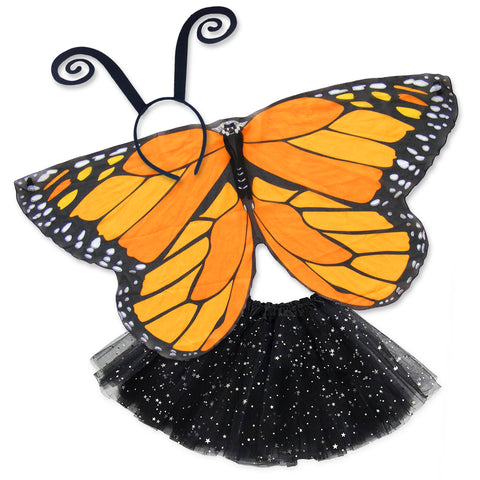 Exquisite butterfly cape costume set spread out against a clean white background with orange monarch-inspired patterned cape, black sparkle tutu, and black antennae headband. A wearable work of art!