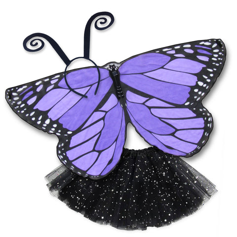 Exquisite butterfly cape costume set spread out against a clean white background with purple monarch-inspired patterned cape, black sparkle tutu, and black antennae headband. A wearable work of art!