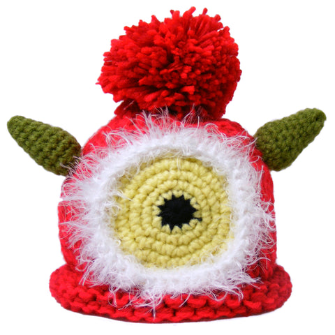 Adorable red baby monster hat with one eye, two horns, and a playful pom-pom, showcased against a clean white background - a whimsical and charming accessory for little ones.