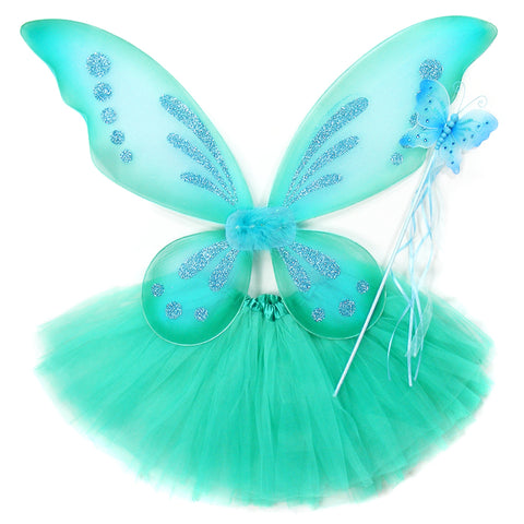 Turquoise Green Butterfly Costume Set, featuring wings, tutu, and wand, beautifully displayed on a clean white background. A whimsical ensemble perfect for sparking imaginative play and creative adventures.