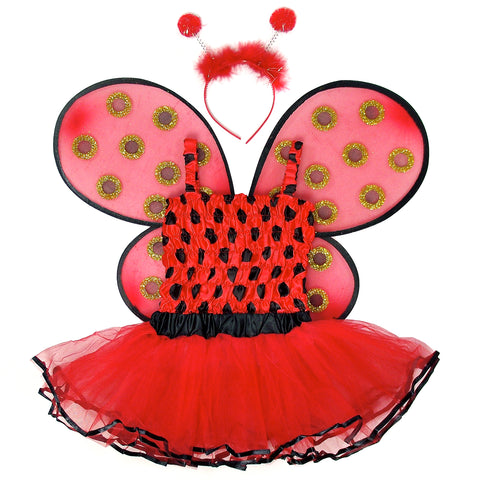 Adorable Ladybug Costume Set on a white background, featuring a charming antennae headband, vibrant red tulle tutu skirt, ruffle top, and wings adorned with polka dots and glitter accents. A whimsical ensemble perfect for play and costume fun.