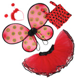 Adorable Ladybug Costume Set on a white background, featuring a charming antennae headband, vibrant red tulle tutu skirt, ruffle top, and wings adorned with polka dots and glitter accents. A whimsical ensemble perfect for play and costume fun.