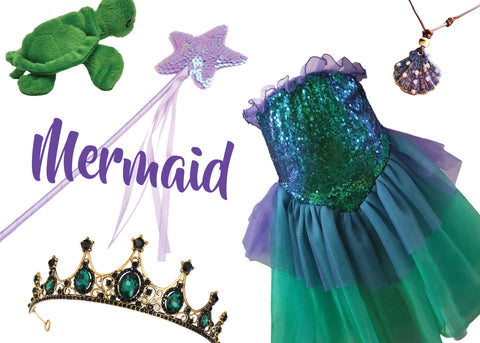 Childrens Mermaid Costume Box with Dress, Crown, Wand, Turtle, and Shell Necklace in Adorable Suitcase Gift Box