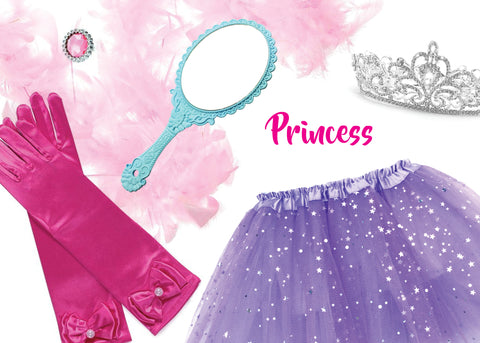 Childrens Fairy Princess Box with Dress Up Feather Boa, Gloves, Tiara, Tutu, Ring, and Magic Mirror in Adorable Suitcase Gift Box