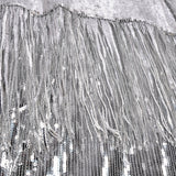Close-up of silver sequin fringe on jacket, hanging down for a captivating and glamorous detail. Perfect for adding flair to any outfit.