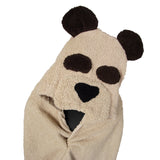Close-up of Children's Hooded Towel - Teddy Bear face with terry cloth nose, eye patches, and ears, against a clean white background. Unique character design for a delightful and practical bath time accessory.