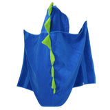 Back view of Childrens Hooded Towel - Blue Dinosaur design, spread open to reveal a row of vibrant green felt spikes running down the spine. A whimsical and colorful bath time accessory for kids