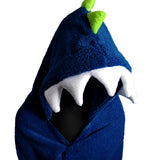 Close-up of Navy Dinosaur Hooded Towel's hood, featuring playful white felt teeth and a charming character design. A delightful and whimsical bath time accessory for kids.
