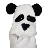 Close-up of Children's Hooded Towel - Panda Bear face with beaded eye buttons, adorable terry cloth nose, eye patches, and ears, against a clean white background. Unique character design for a delightful and practical bath time accessory.