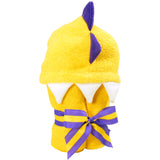 Neatly wrapped Yellow Dinosaur Hooded Towel, tied with a charming ribbon. A delightful and thoughtfully packaged bath time accessory for kids, ready to make a charming gift presentation.
