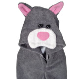 Close-up of Gray Kitty Cat Hooded Towel, featuring detailed beaded eyes, a pink nose, and adorable two-tone ears. A whimsical and charming bath time companion for kids.