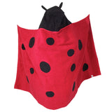 Back view of Children's Hooded Towel - Ladybug design, featuring a charming display of tiny black terry cloth antennae and a delightful array of black felt polka dots spread out against a clean white background. A whimsical and practical bath time accessory for kids of all ages.