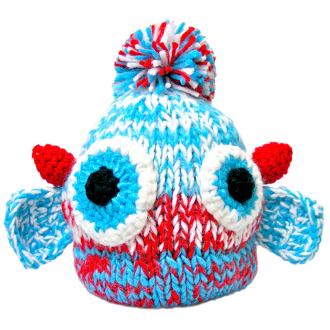 Speckled blue and red monster hat with a playful pom-pom accent, creating a fun and vibrant accessory on a crisp white background.