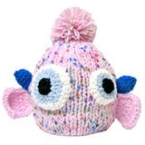Speckled pink and blue monster hat with a playful pom-pom accent, creating a fun and vibrant accessory on a crisp white background.