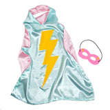 Seafoam and Pink Reversible Superhero Cape and Mask Set with Yellow Lightning Bolt Detail, displayed on a Clean White Background.