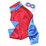 Underside View of Blue Superhero Cape, Revealing Red Silk Fabric, with Matching Felt Mask and Yellow Lightning Bolt Detail, Against a Clean White Background.