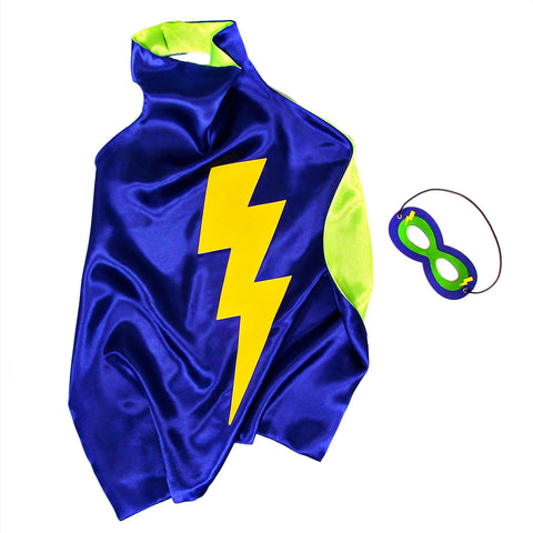 Navy Blue and Lime Green Reversible Superhero Cape and Mask Set with Yellow Lightning Bolt Detail, displayed on a Clean White Background.