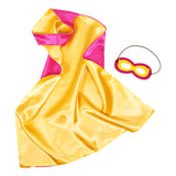 Underside View of Pink Superhero Cape, Revealing Vibrant Yellow Silk Fabric, with Matching Felt Mask and Yellow Lightning Bolt Detail, Against a Clean White Background.