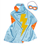 Teal and Orange Reversible Superhero Cape and Mask Set with Yellow Lightning Bolt Detail, displayed on a Clean White Background.
