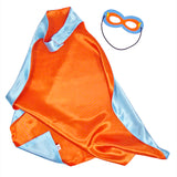 Underside View of Teal Superhero Cape, Revealing Orange Silk Fabric, with Matching Felt Mask and Yellow Lightning Bolt Detail, Against a Clean White Background.